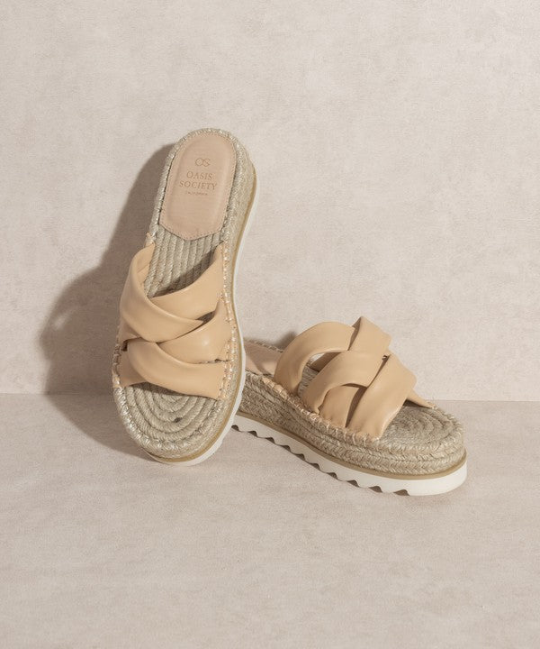 Beige Criss-Cross Platform-Espadrille-Sandalen, offene Zehen, profilierte Sohle
