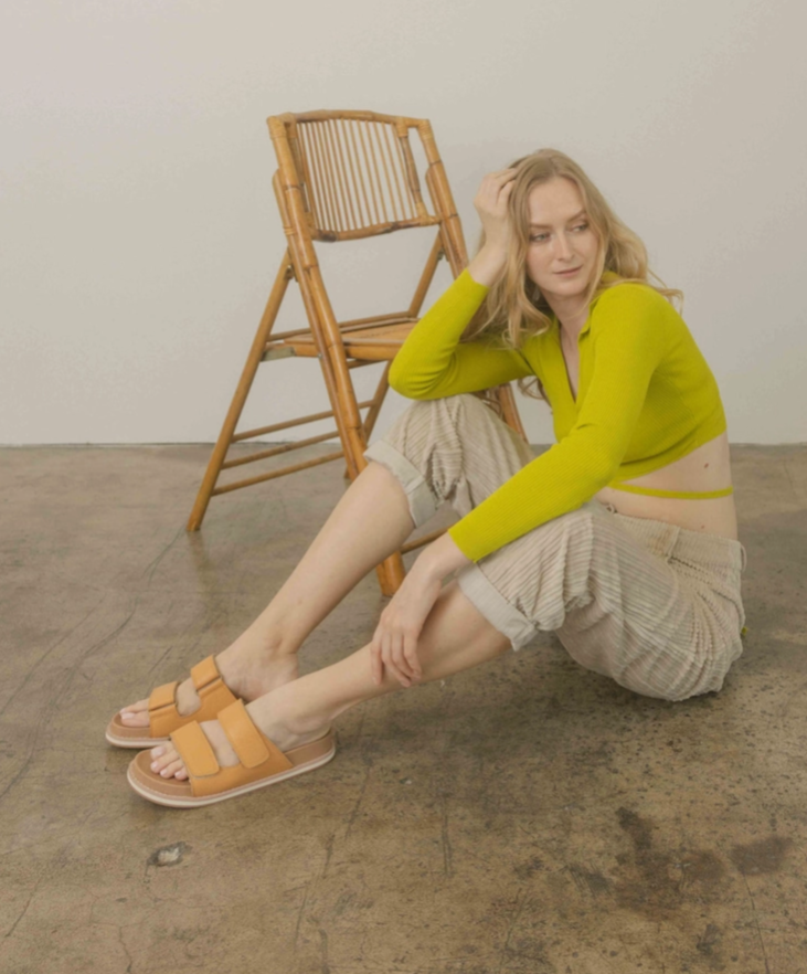 Sienna Cognac double-strap slide sandals worn with casual outfit, tan straps