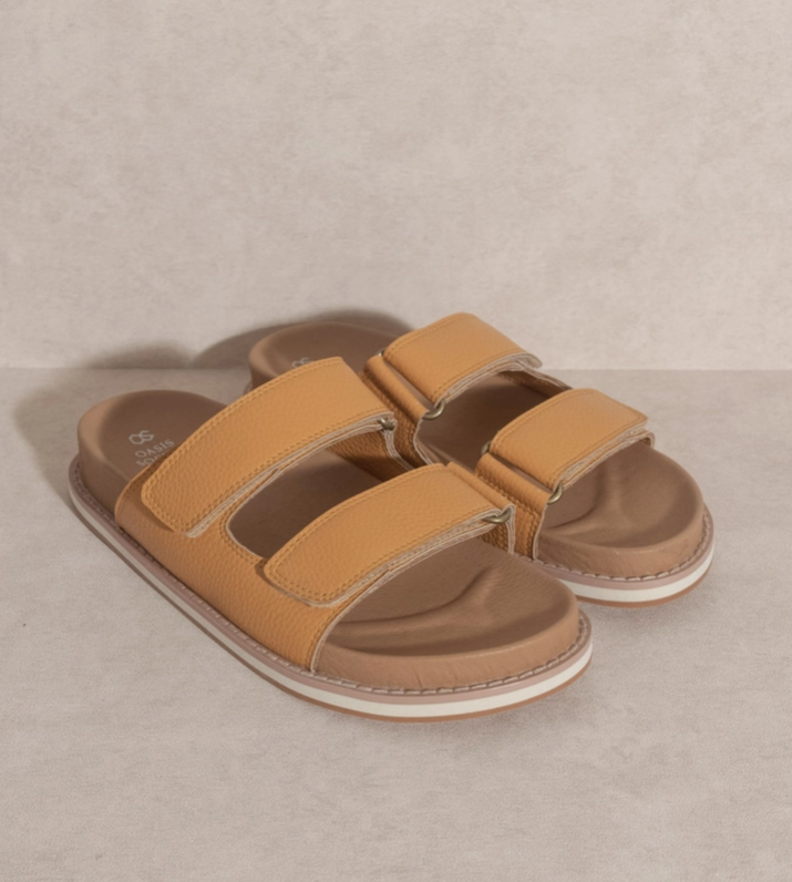 Sienna Cognac double-strap slide sandals, front/side angle with two hook-and-loop straps