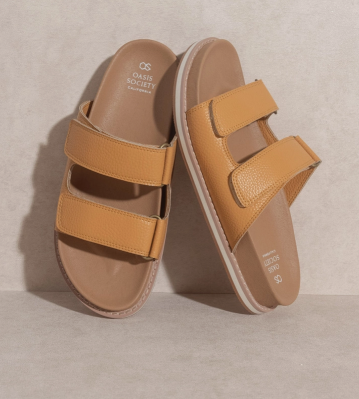Sienna Cognac double-strap slide sandals, textured tan leather-look straps
