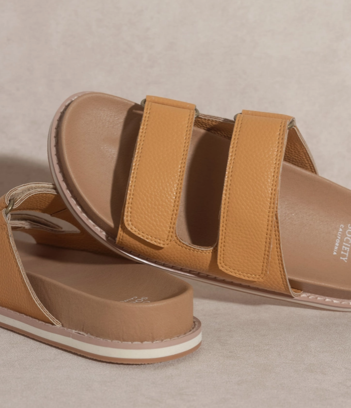 Sienna Cognac double-strap slide sandals, close-up of two front straps and sole