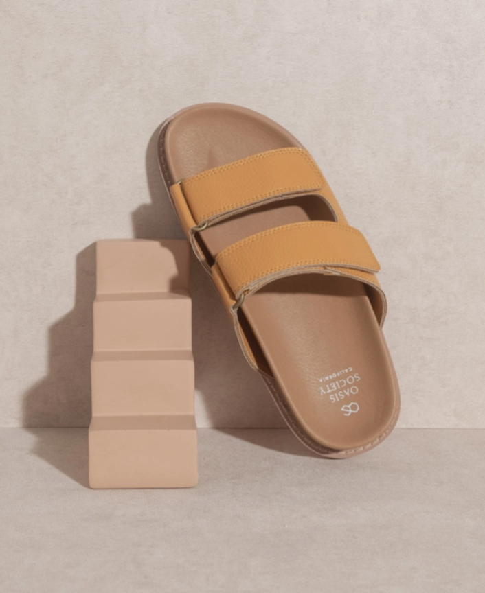 Sienna Cognac double-strap slide sandals, side view with tan straps and cushioned footbed