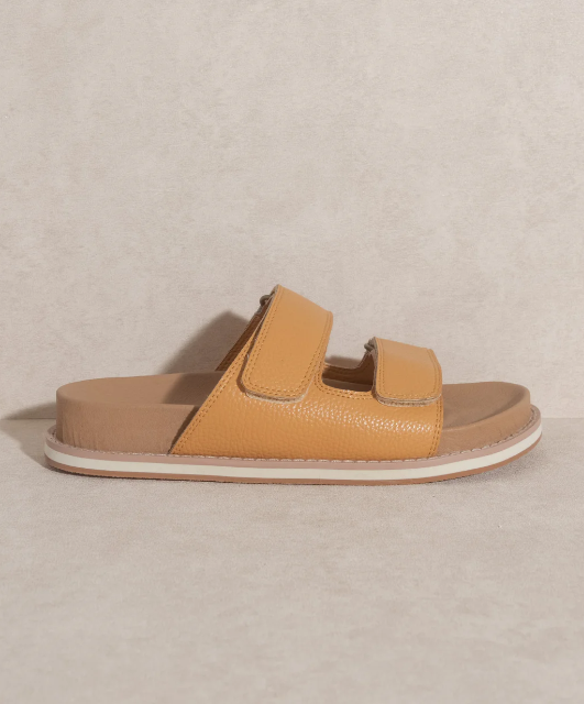 Sienna Cognac double-strap slide sandals, single sandal side profile with tan upper