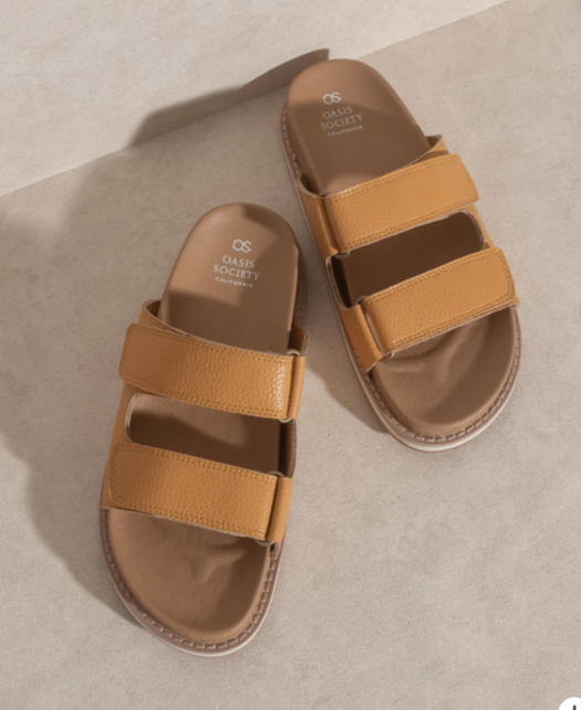 Sienna Cognac double-strap slide sandals, top view pair with tan buckled straps