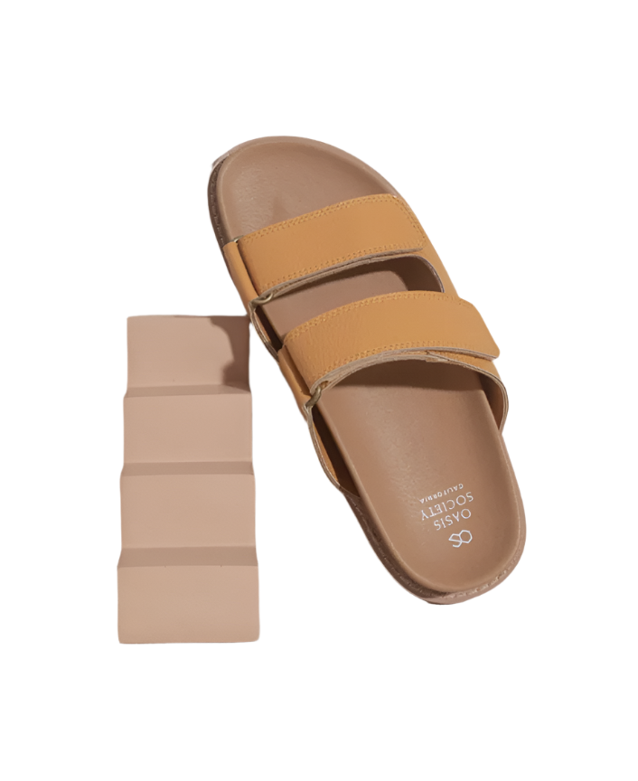 Sienna Cognac double-strap slide sandals, front view with tan upper and adjustable straps