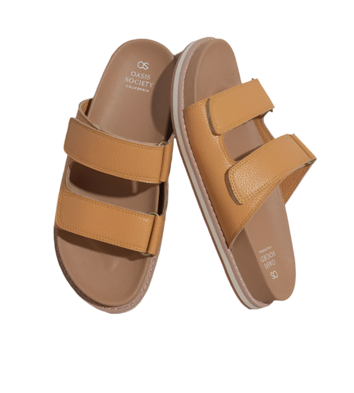 Sienna Cognac double-strap slide sandals, two pairs shown: tan straps over cushioned footbed