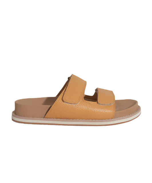 Cognac double strap slide sandals with wide double bands and open toe