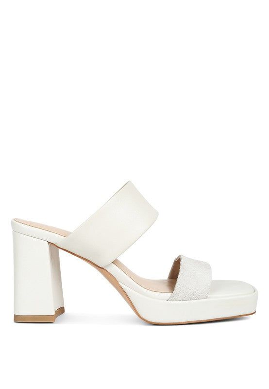 Off-white platform slide sandals, suede cross strap, stacked block heel