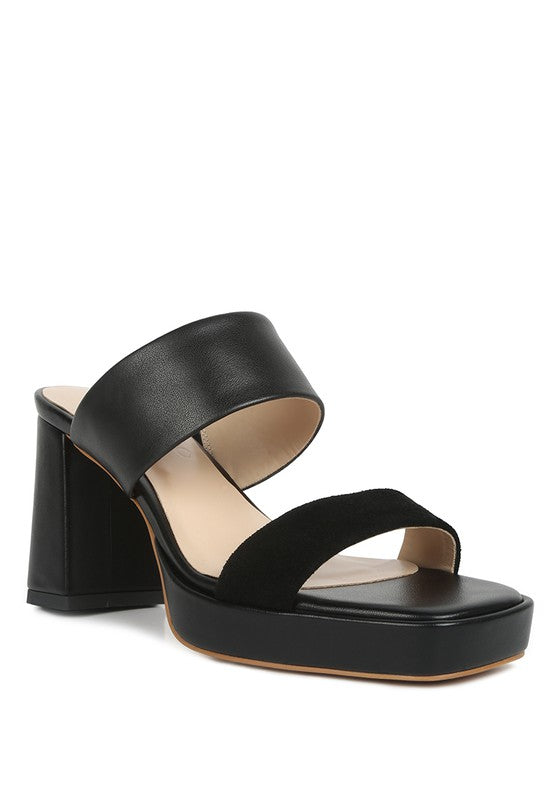 Black leather platform slide sandals with wide straps and square block heel
