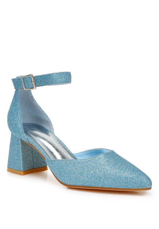 Taznia glitter block-heel sandals, blue, with ankle strap and buckle