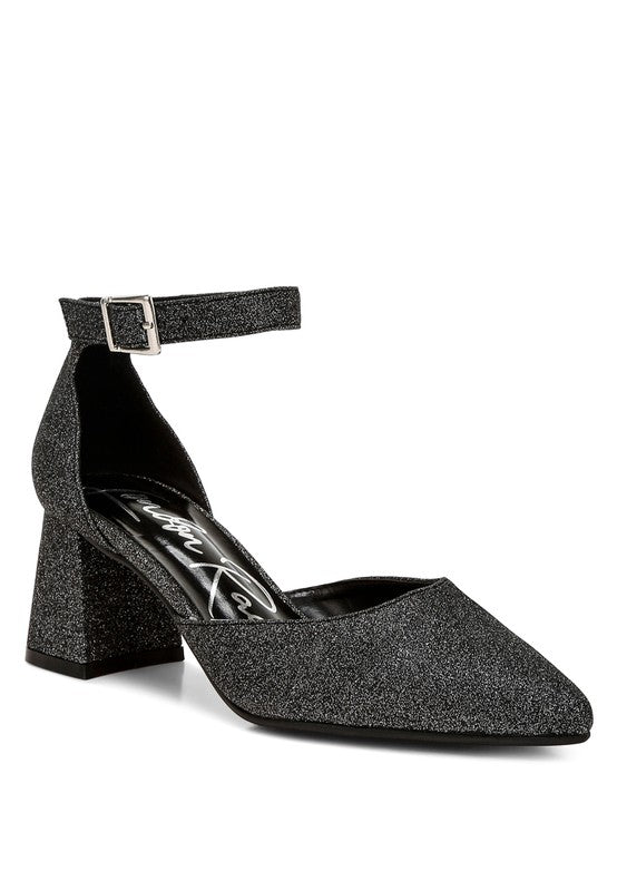 Taznia glitter block-heel sandals, black, ankle strap with silver-tone buckle