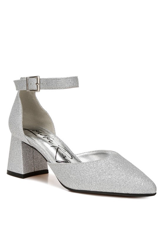 Taznia glitter block-heel sandals, silver, with ankle strap and square buckle