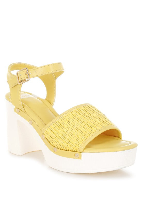 Yellow raffia platform block-heel sandals, ankle strap buckle with metal studs