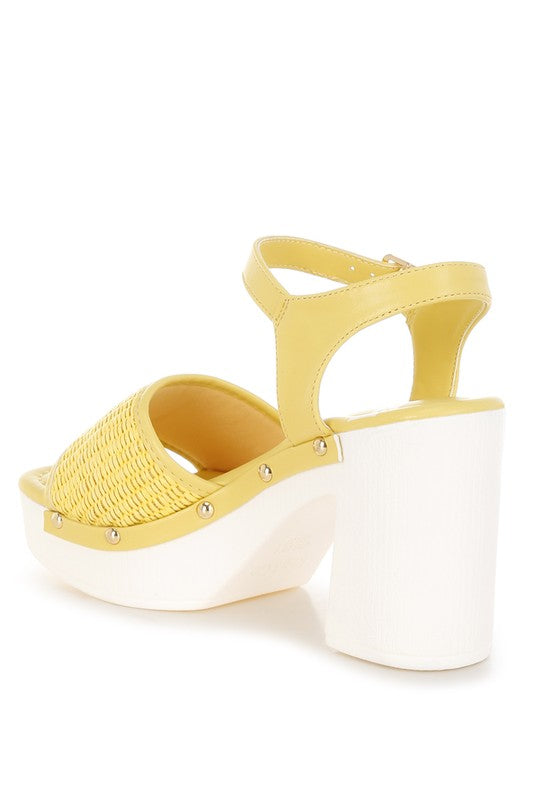 Yellow raffia platform sandals, peep-toe, block heel, rear strap detail