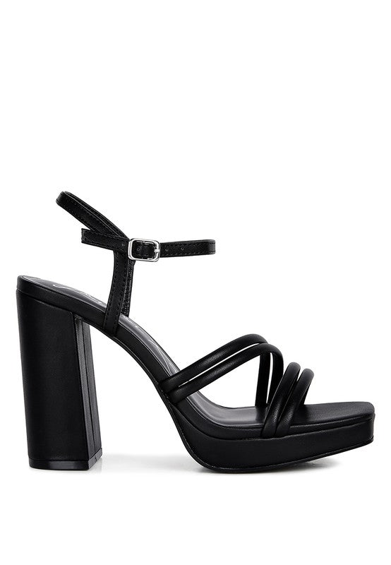 Black strappy platform block-heel sandals, size 9, ankle strap buckle
