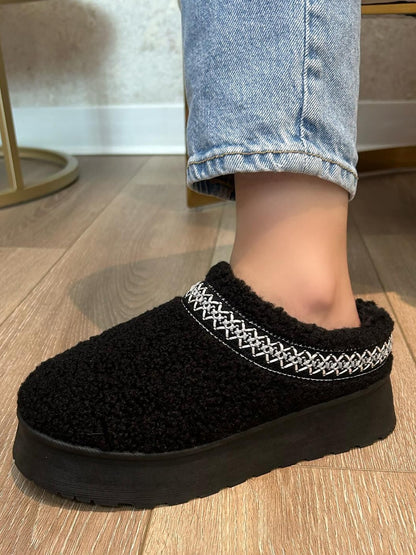Black Embroidered Trim Platform Sherpa Slippers - Tigbul's Variety Fashion Shop