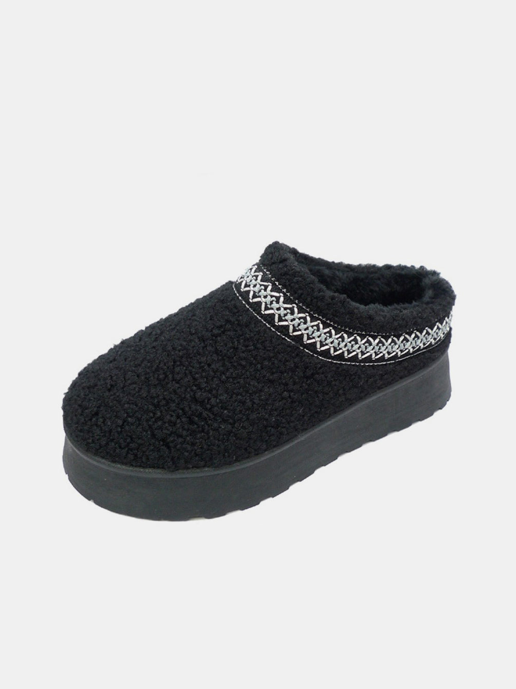Black Embroidered Trim Platform Sherpa Slippers - Tigbul's Variety Fashion Shop