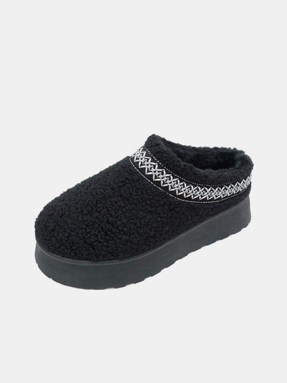 Black Embroidered Trim Platform Sherpa Slippers - Tigbul's Variety Fashion Shop