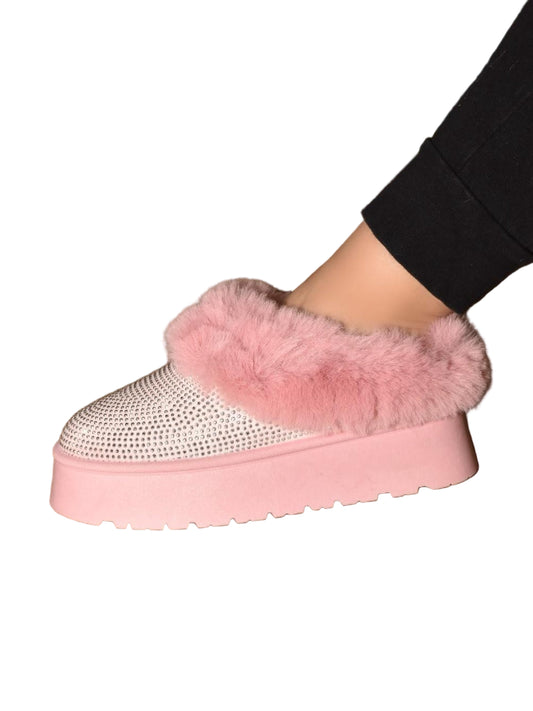 Pink Rhinestone Embellished Faux Fur Platform Bootie Slippers - Tigbul's Variety Fashion Shop