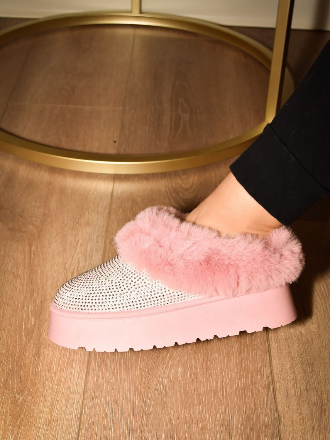 Pink Rhinestone Embellished Faux Fur Platform Bootie Slippers - Tigbul's Variety Fashion Shop