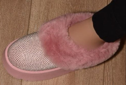 Pink Rhinestone Embellished Faux Fur Platform Bootie Slippers - Tigbul's Variety Fashion Shop