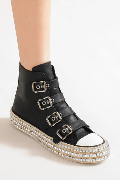 Black Multi-Buckle Straps Studded Platform Sneakers - Tigbul's Variety Fashion Shop