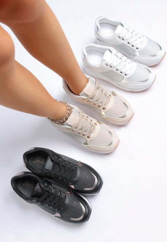 White and beige faux leather & mesh lace-up sneakers plus black pair, thick sole