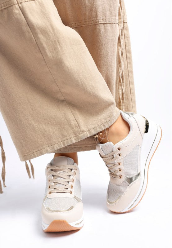 White faux leather & mesh lace-up sneakers with tan outsole and platform sole