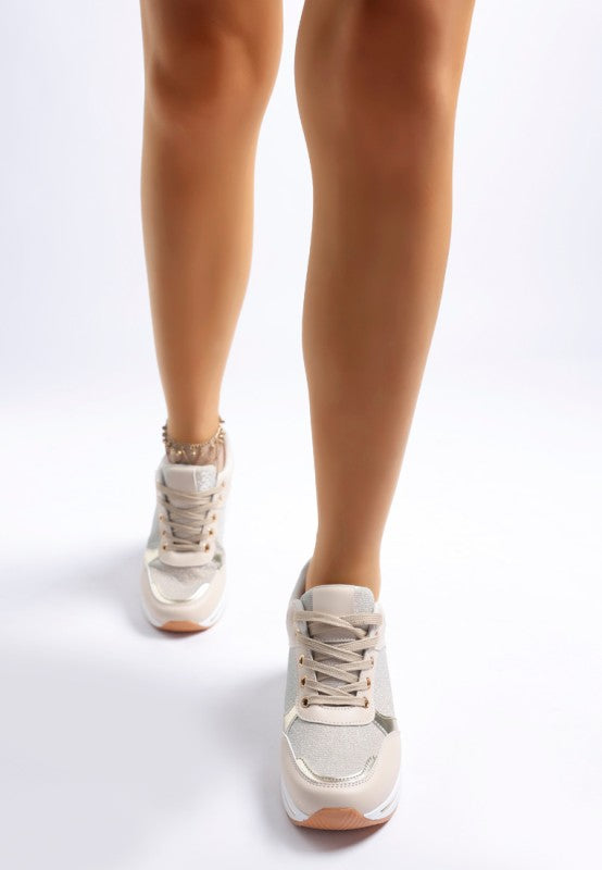 Beige faux leather & mesh lace-up sneakers with chunky sole and textured paneling