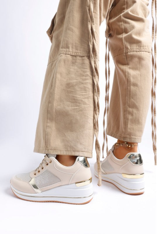 Beige faux leather & mesh sneakers with lace-up front and side metallic detail