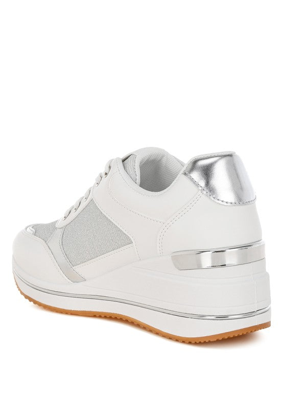 White and metallic faux leather panel sneaker heel with padded collar and platform sole