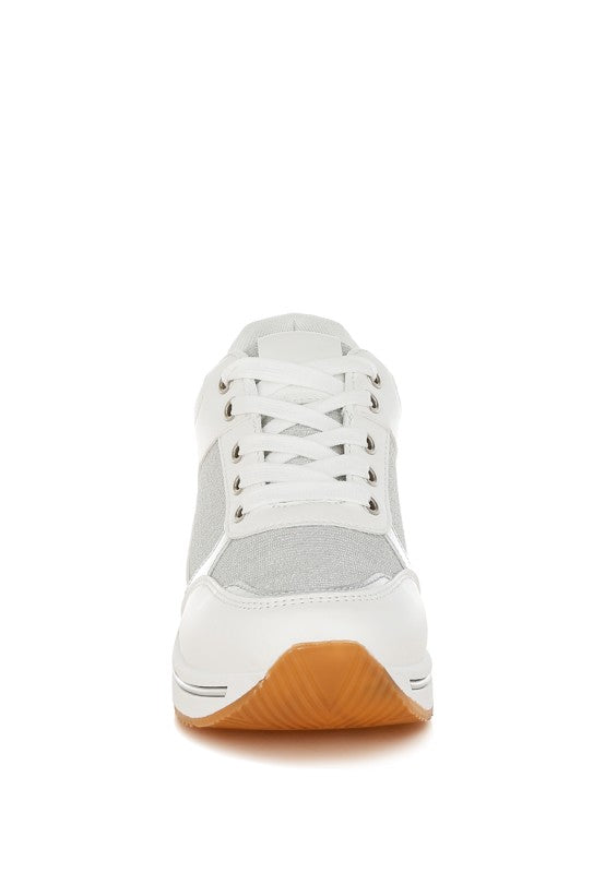 White faux leather & mesh lace-up sneaker with tan gum outsole and rear tag detail