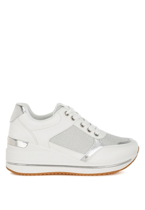 White faux leather & mesh lace-up sneaker with silver heel trim and low platform sole