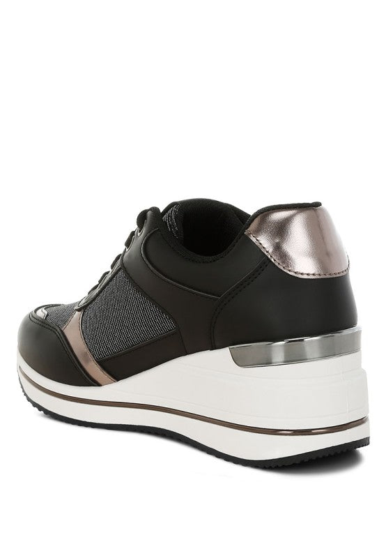Black sneakers heel with metallic rose accent and white midsole