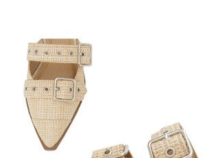 Tan Pointed Closed Toe Slip on Mule Raffia Flats - Tigbul's Variety Fashion Shop