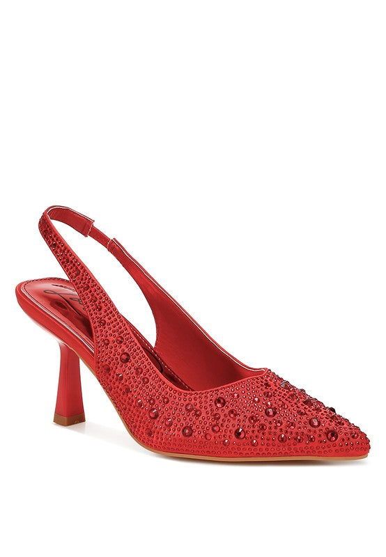 Red slingback sandals with pointed toe, embellished strap, and high block heel