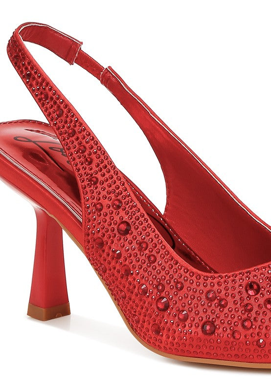 Red satin-look slingback with jeweled stud texture and mid-high block heel