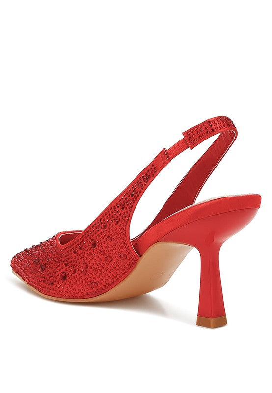 Red pointed-toe slingback sandal with embellished upper and sculpted block heel