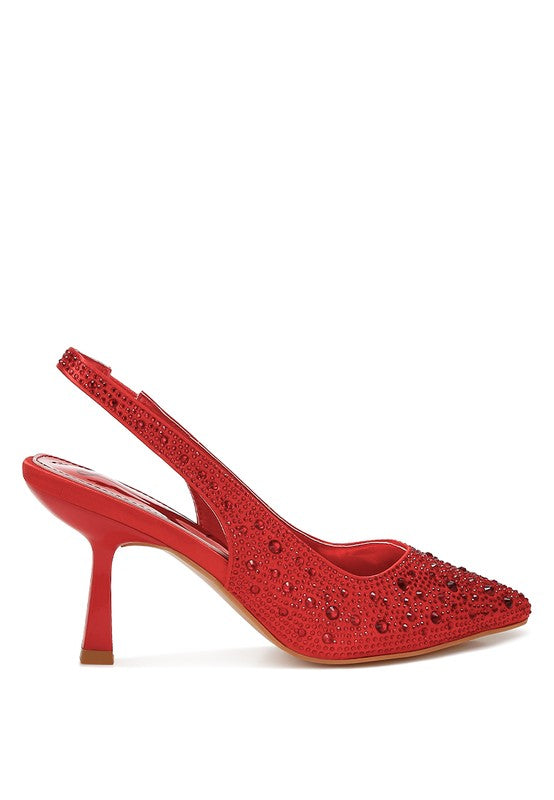 Red slingback pump-style sandal with jeweled stud detailing and block heel