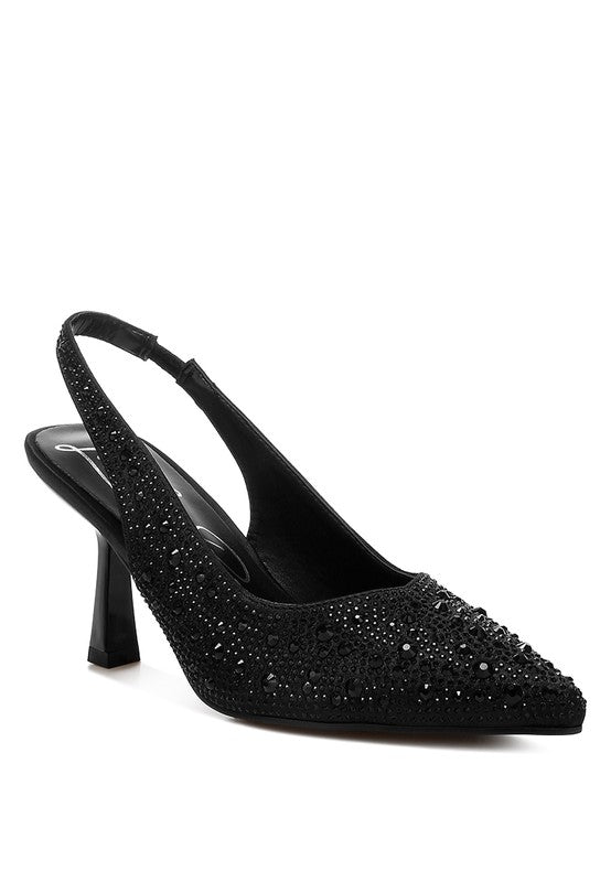 Black slingback sandals with pointed toe, sparkly stud texture, and high block heel
