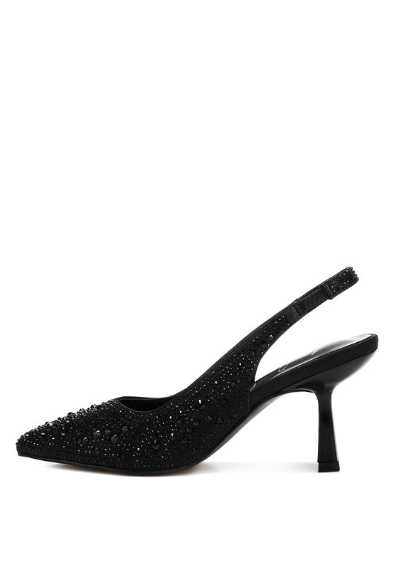 Black slingback with glittery stud upper and mid-height block heel