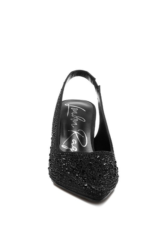 Black slingback sandal back view with sparkly texture and pointed toe