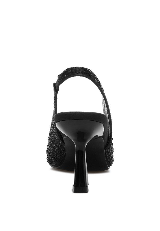 Black slingback sandal with glossy heel and sparkly embellished strap