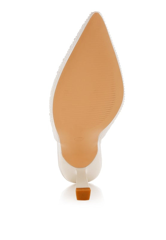 White satin slingback sandals, pointed toe, low spool heel