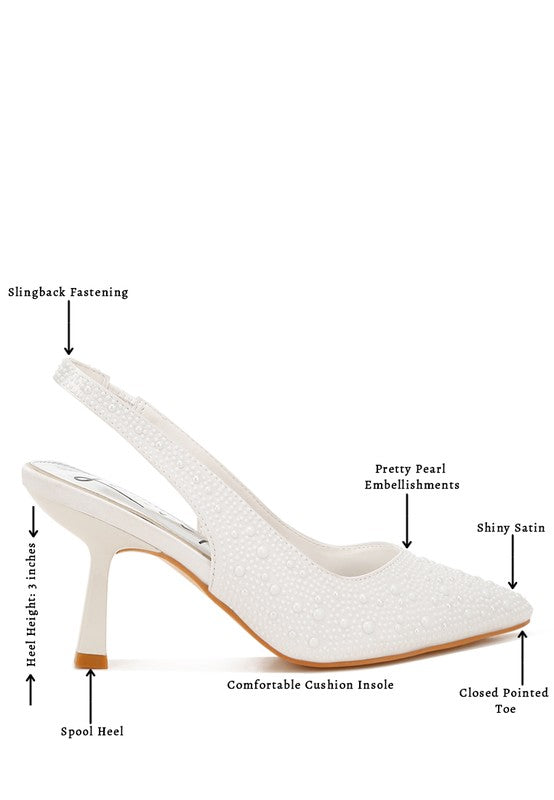 White satin slingback with pearl embellishments, pointed toe, 2-in spool heel