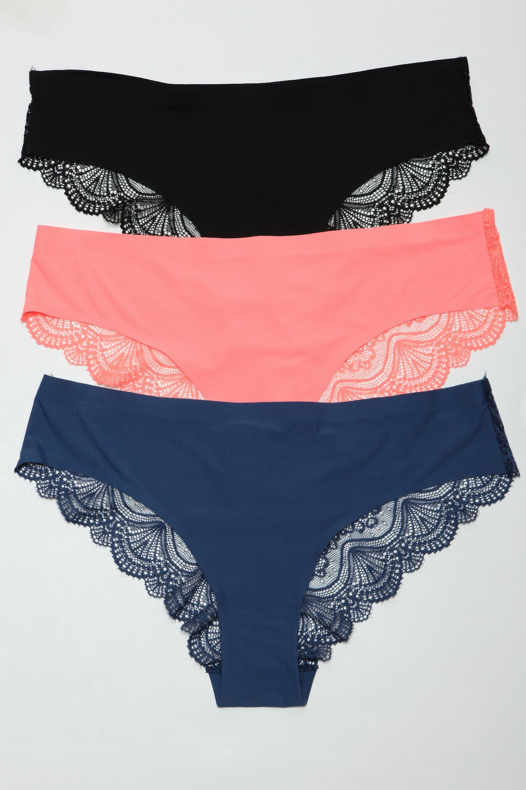 Cheeky panty pack: black, coral, and navy styles with lace edges