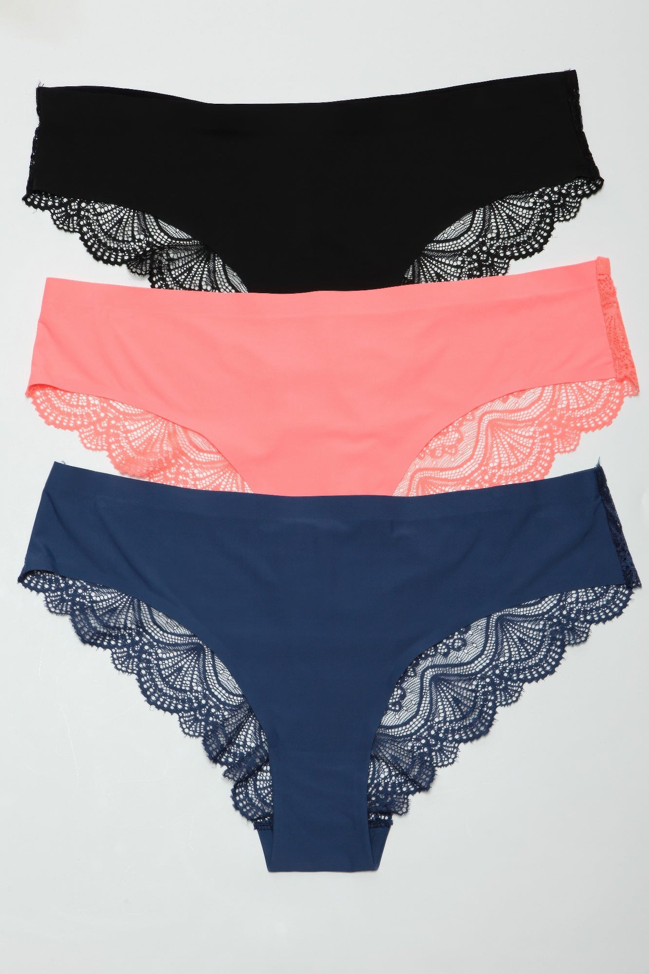 Cheeky panty pack: black, coral, and navy styles with lace edges