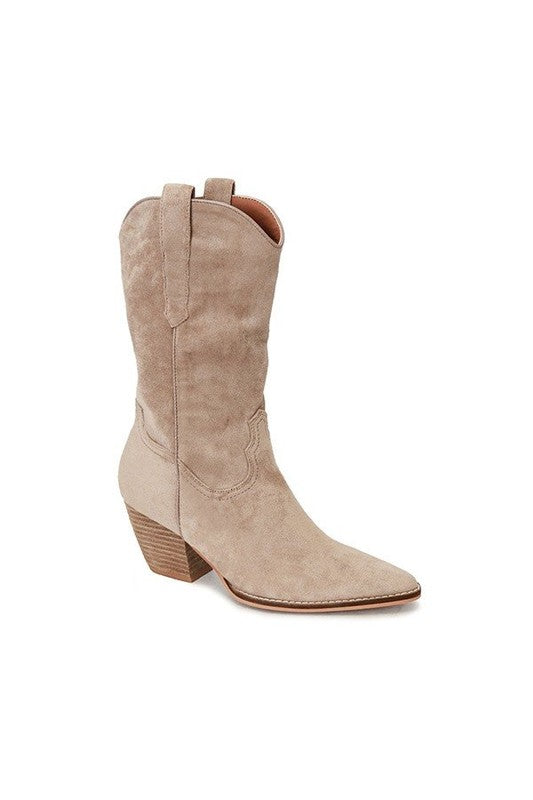 Taupe western boots with pointed toe, stitched V-cut detail, block heel