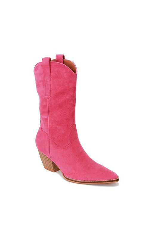 Fuchsia western boots with pointed toe, stitched V-cut detail, block heel