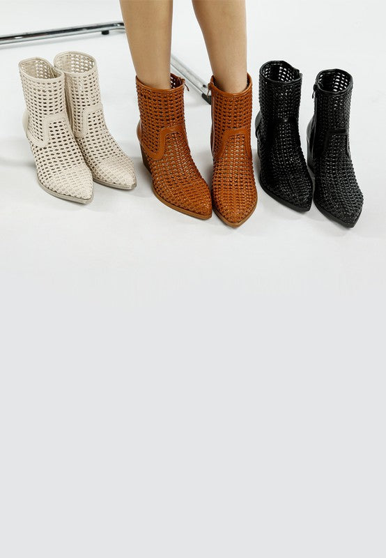 Artisole woven pleather block-heel boots: off-white, tan, and black